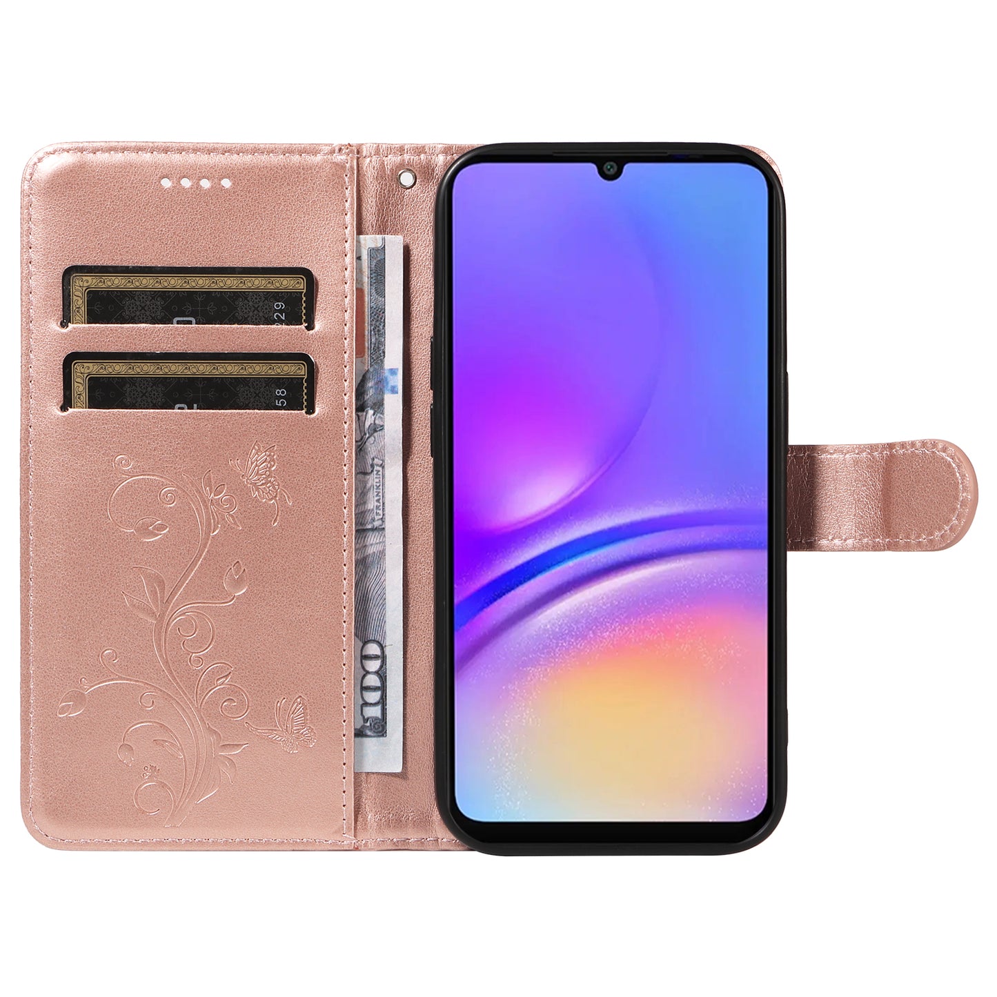 For Samsung Galaxy A06 Case Flower Pattern PU Leather Wallet Phone Cover - Rose Gold