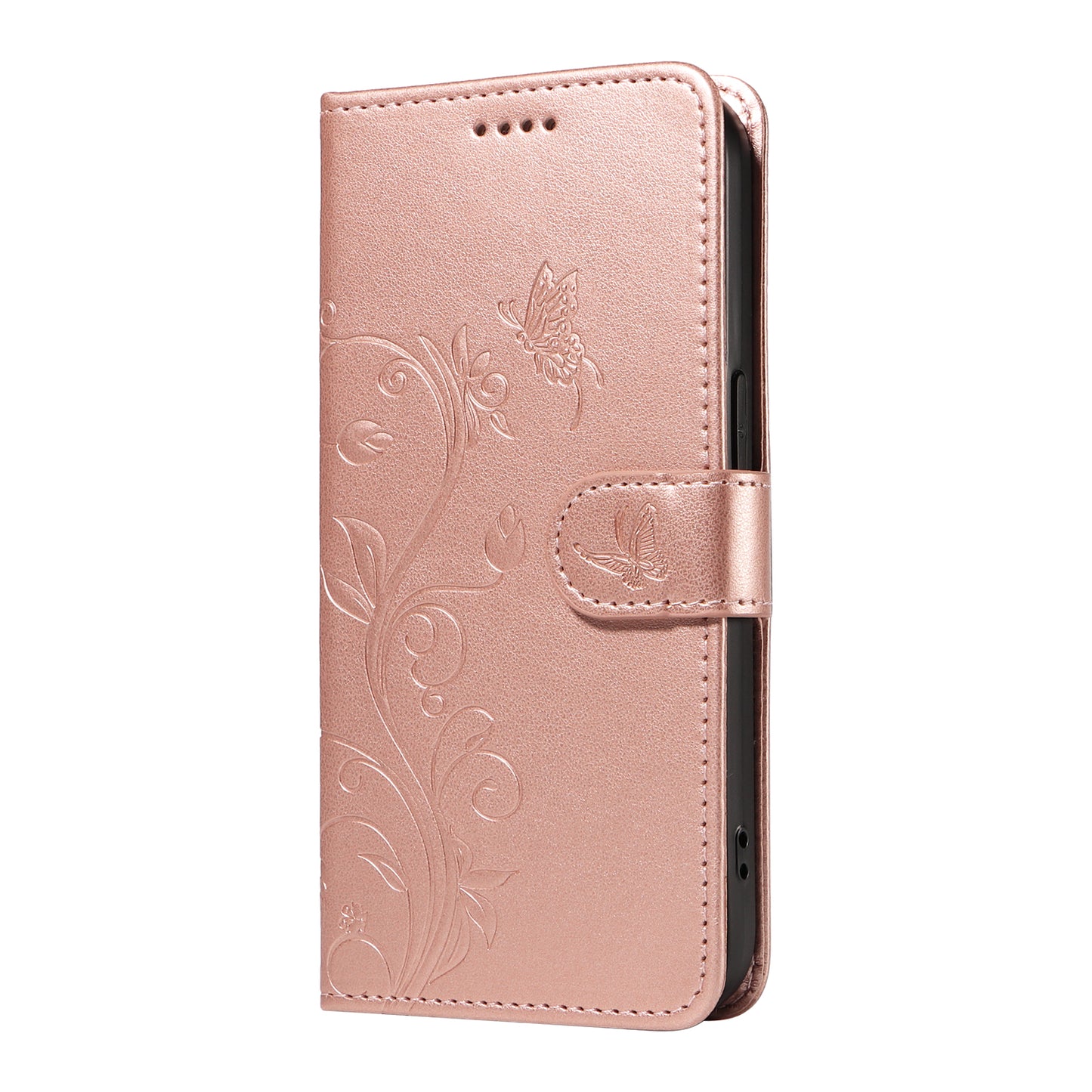 For Samsung Galaxy A06 Case Flower Pattern PU Leather Wallet Phone Cover - Rose Gold