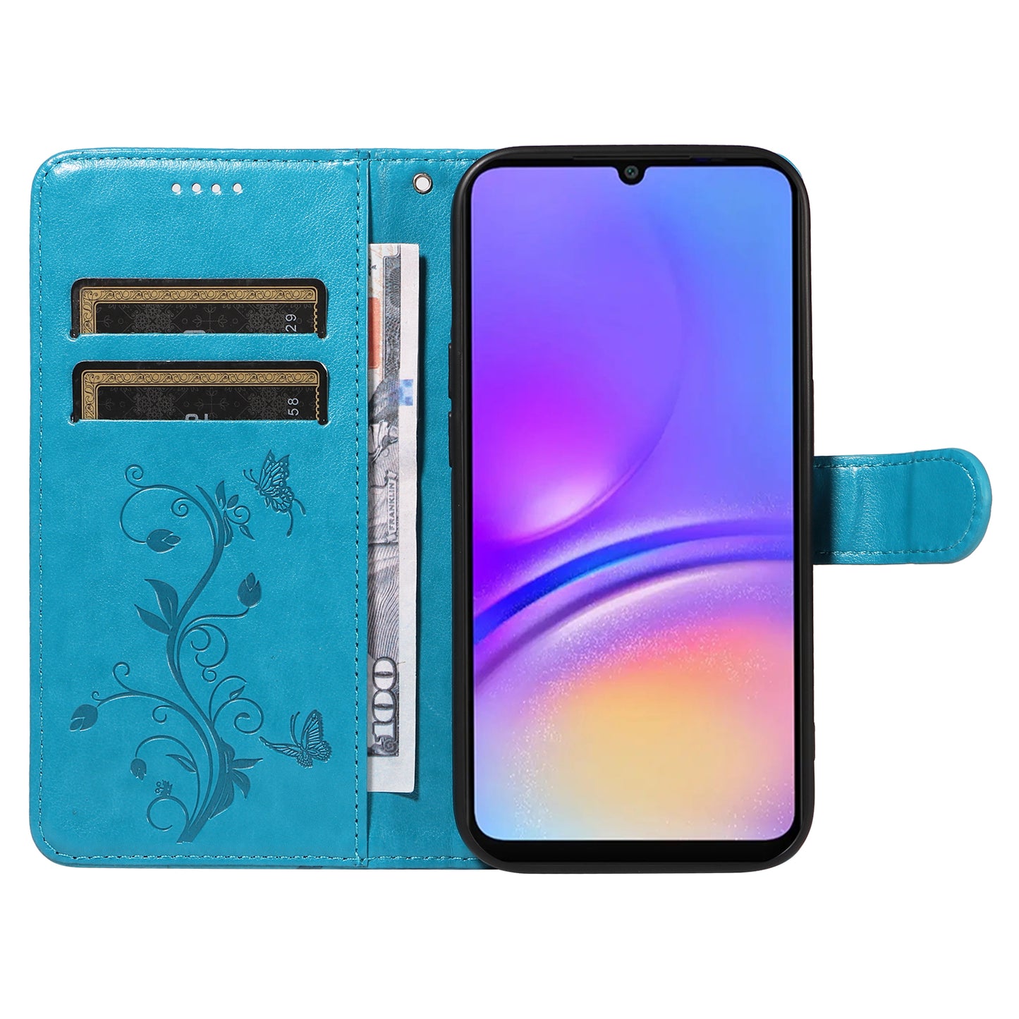 For Samsung Galaxy A06 Case Flower Pattern PU Leather Wallet Phone Cover - Blue