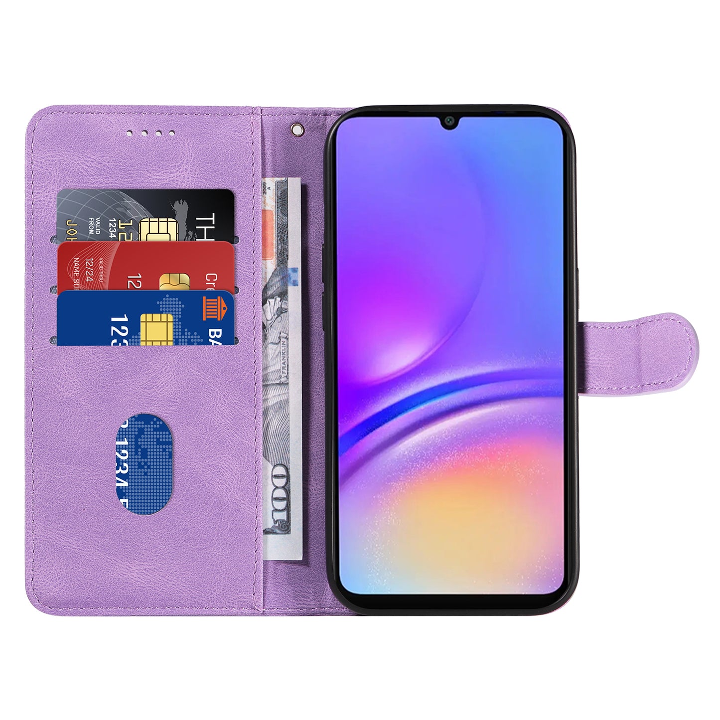 For Samsung Galaxy A06 Case Stand Wallet Leather Phone Cover Curved Line Wrist Strap - Light Purple