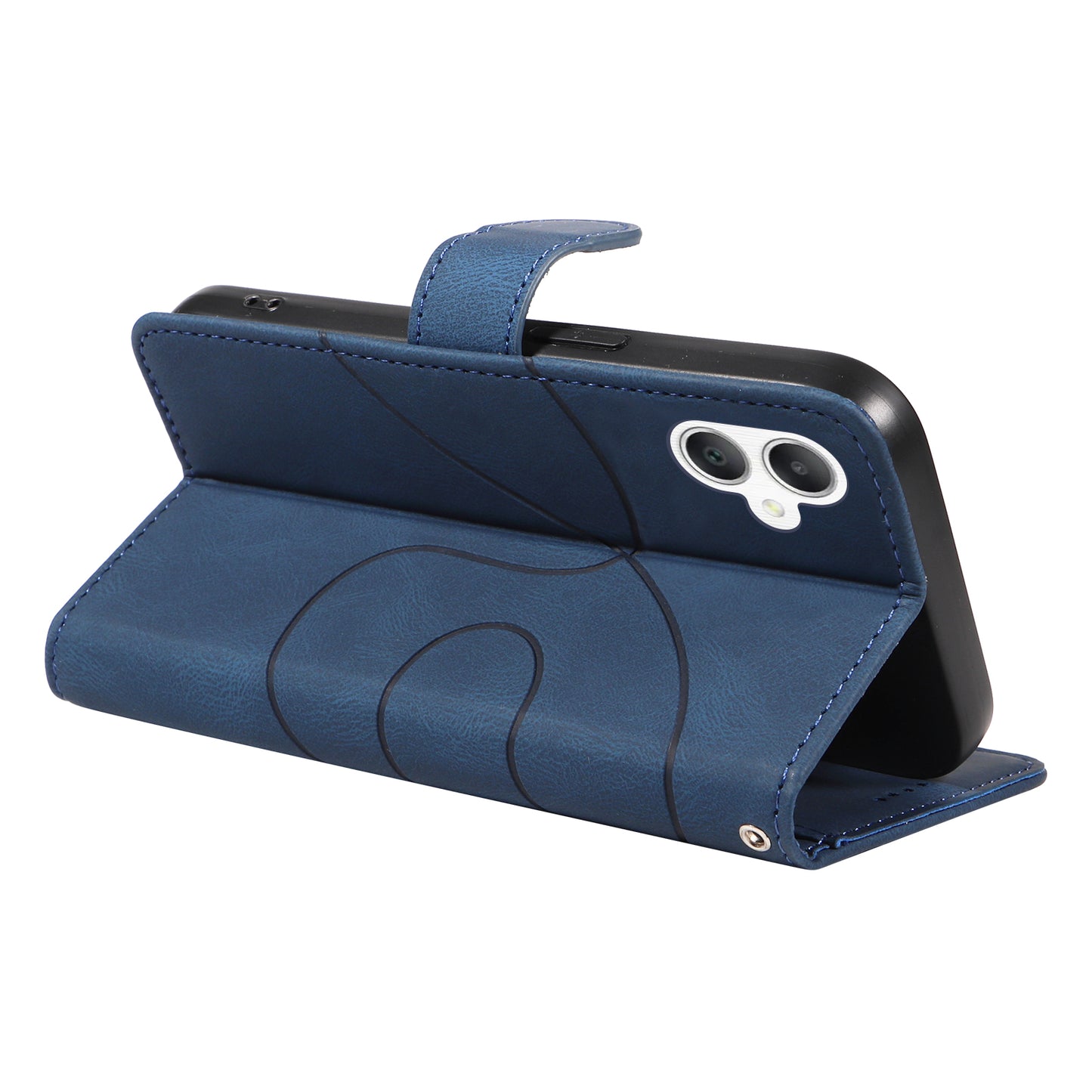 For Samsung Galaxy A06 Case Stand Wallet Leather Phone Cover Curved Line Wrist Strap - Blue