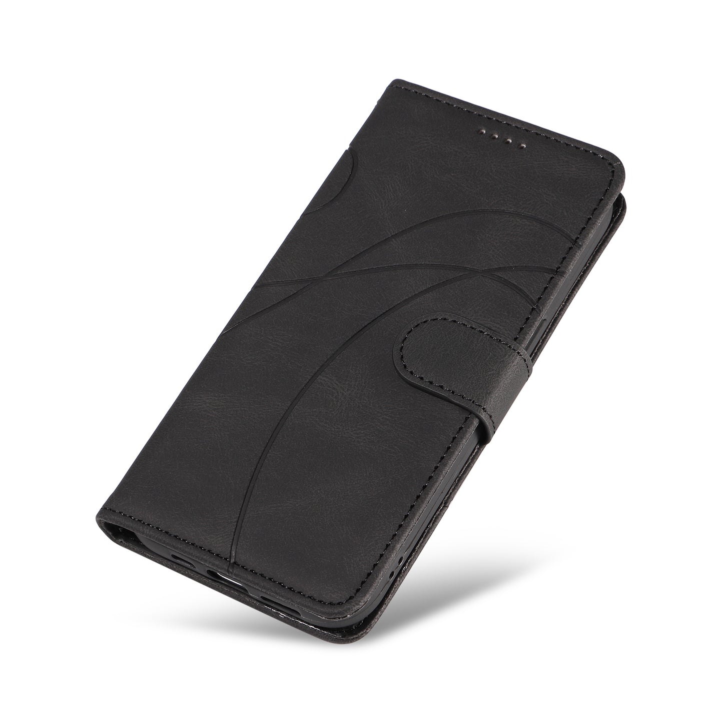For Samsung Galaxy A06 Case Stand Wallet Leather Phone Cover Curved Line Wrist Strap - Black