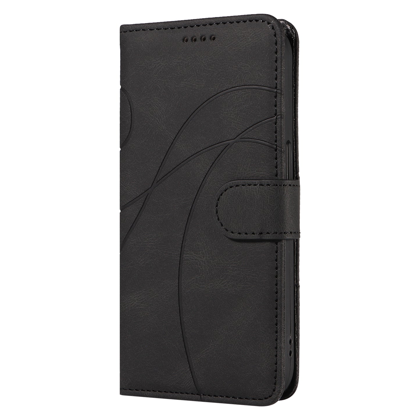 For Samsung Galaxy A06 Case Stand Wallet Leather Phone Cover Curved Line Wrist Strap - Black