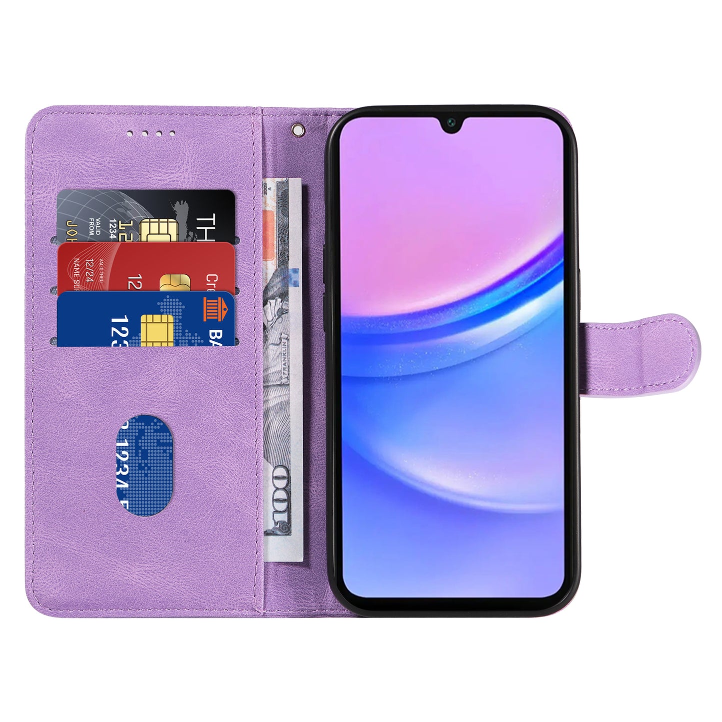 For Samsung Galaxy A16 5G / A16 4G Case Stand Wallet Leather Phone Cover Curved Line Wrist Strap - Light Purple