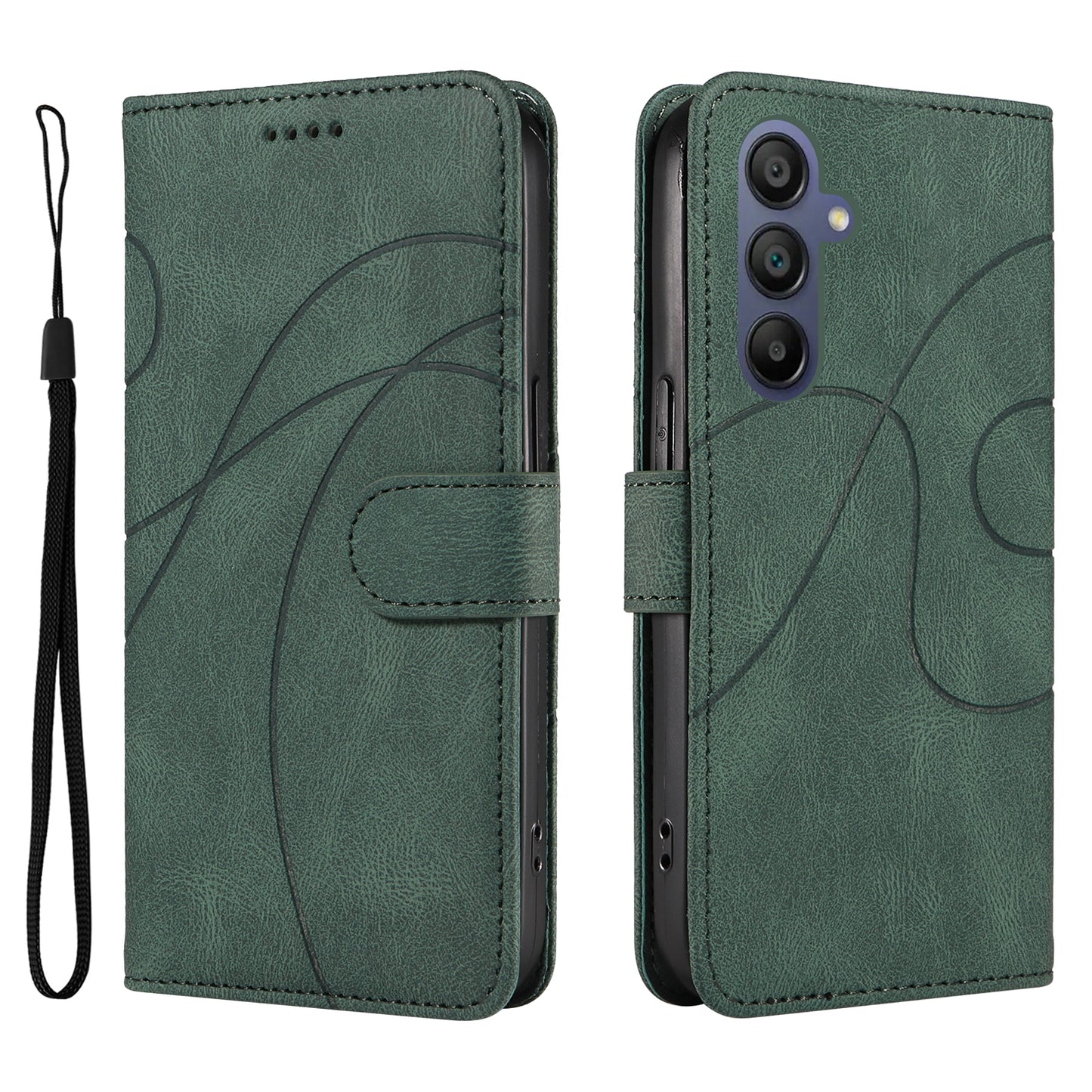 For Samsung Galaxy A16 5G / A16 4G Case Stand Wallet Leather Phone Cover Curved Line Wrist Strap - Green