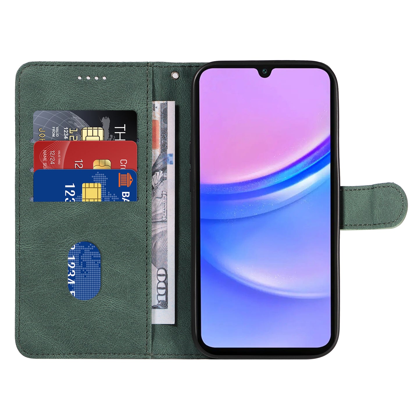 For Samsung Galaxy A16 5G / A16 4G Case Stand Wallet Leather Phone Cover Curved Line Wrist Strap - Green