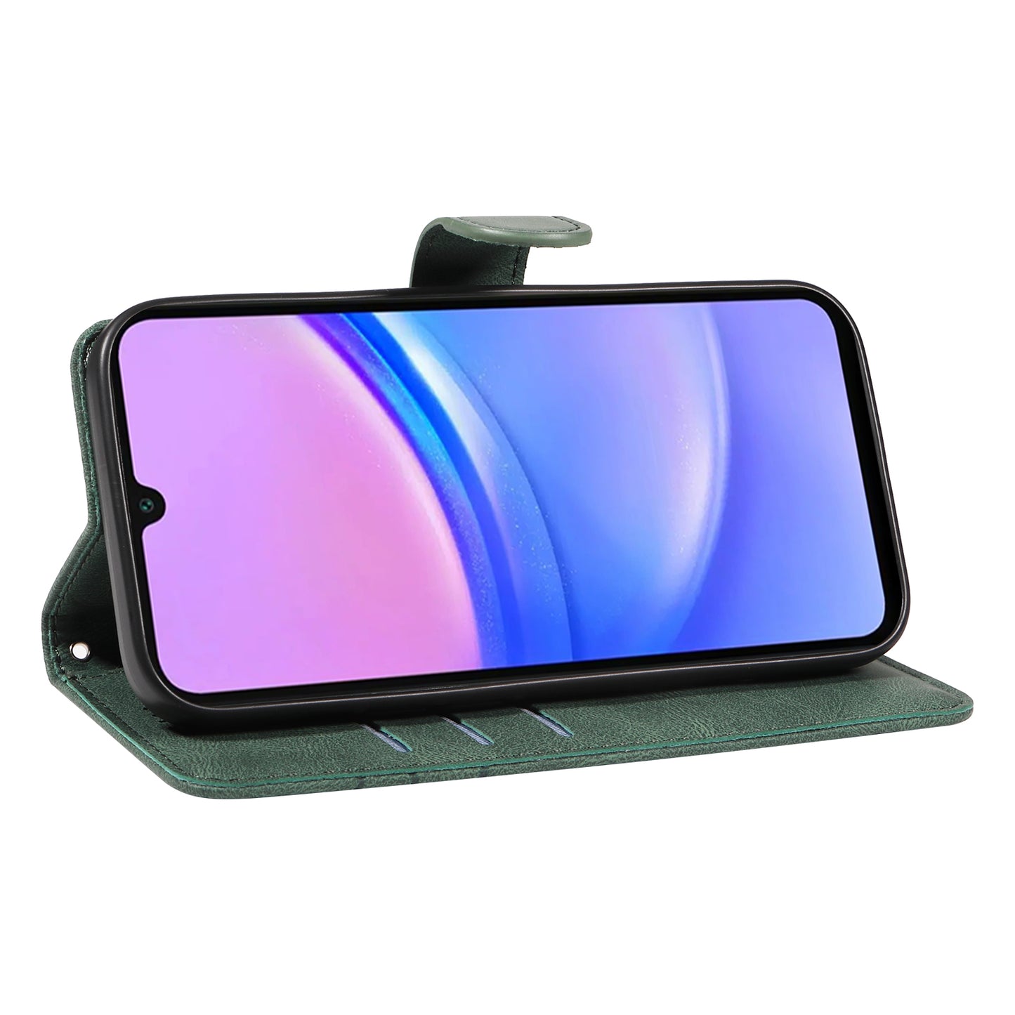 For Samsung Galaxy A16 5G / A16 4G Case Stand Wallet Leather Phone Cover Curved Line Wrist Strap - Green