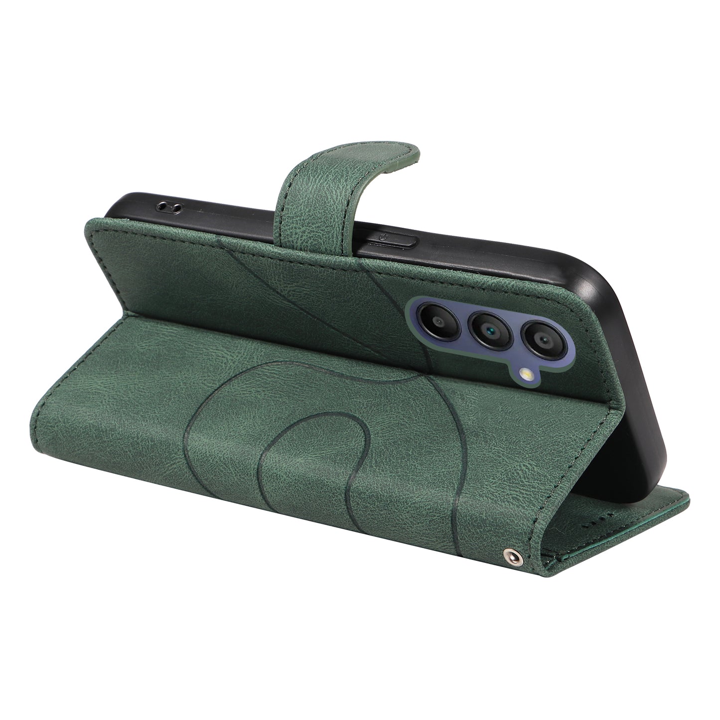 For Samsung Galaxy A16 5G / A16 4G Case Stand Wallet Leather Phone Cover Curved Line Wrist Strap - Green