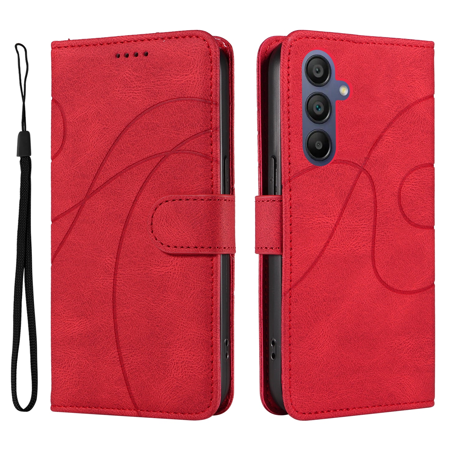 For Samsung Galaxy A16 5G / A16 4G Case Stand Wallet Leather Phone Cover Curved Line Wrist Strap - Red