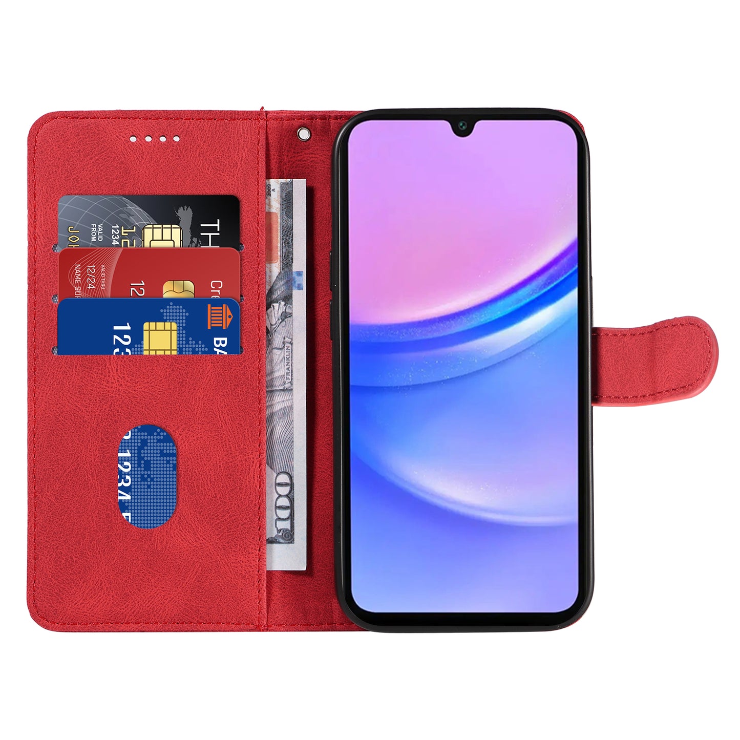 For Samsung Galaxy A16 5G / A16 4G Case Stand Wallet Leather Phone Cover Curved Line Wrist Strap - Red