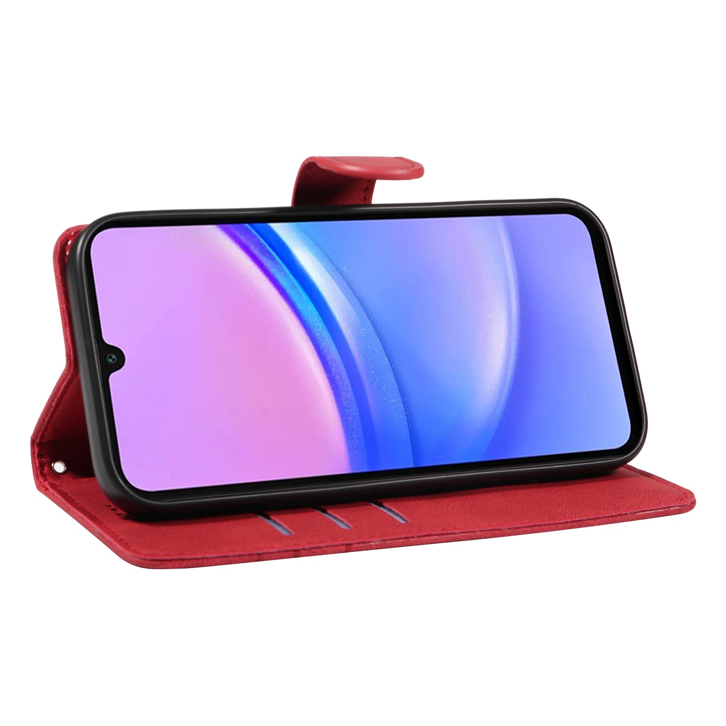 For Samsung Galaxy A16 5G / A16 4G Case Stand Wallet Leather Phone Cover Curved Line Wrist Strap - Red