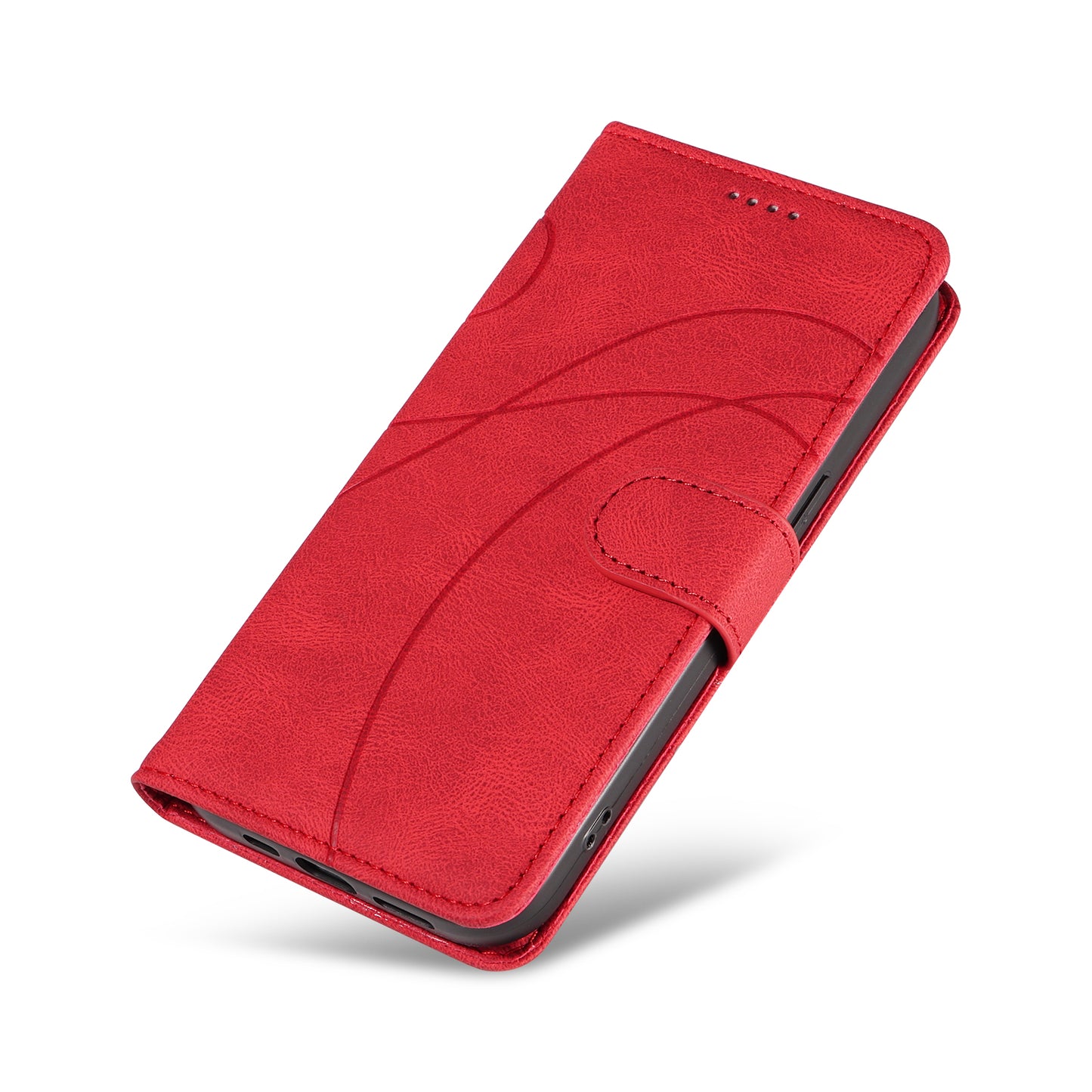 For Samsung Galaxy A16 5G / A16 4G Case Stand Wallet Leather Phone Cover Curved Line Wrist Strap - Red