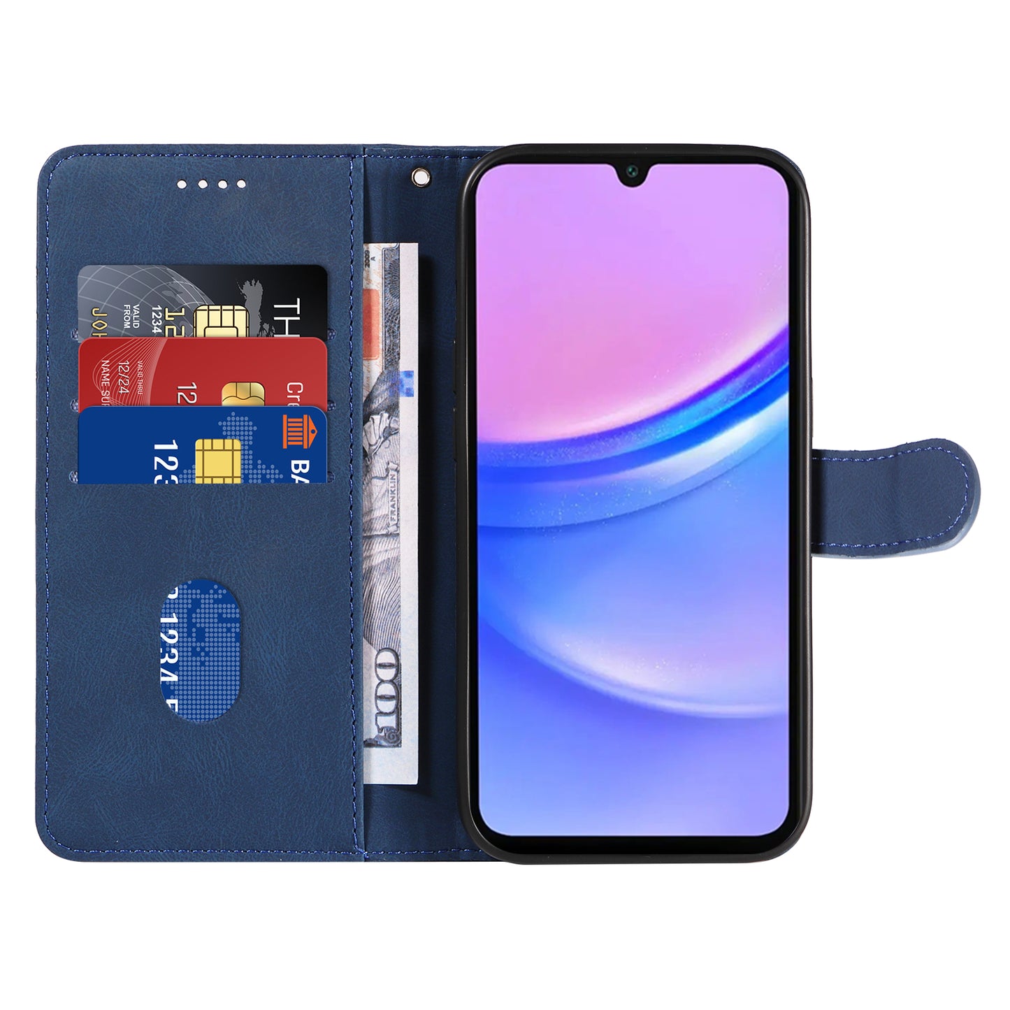 For Samsung Galaxy A16 5G / A16 4G Case Stand Wallet Leather Phone Cover Curved Line Wrist Strap - Blue