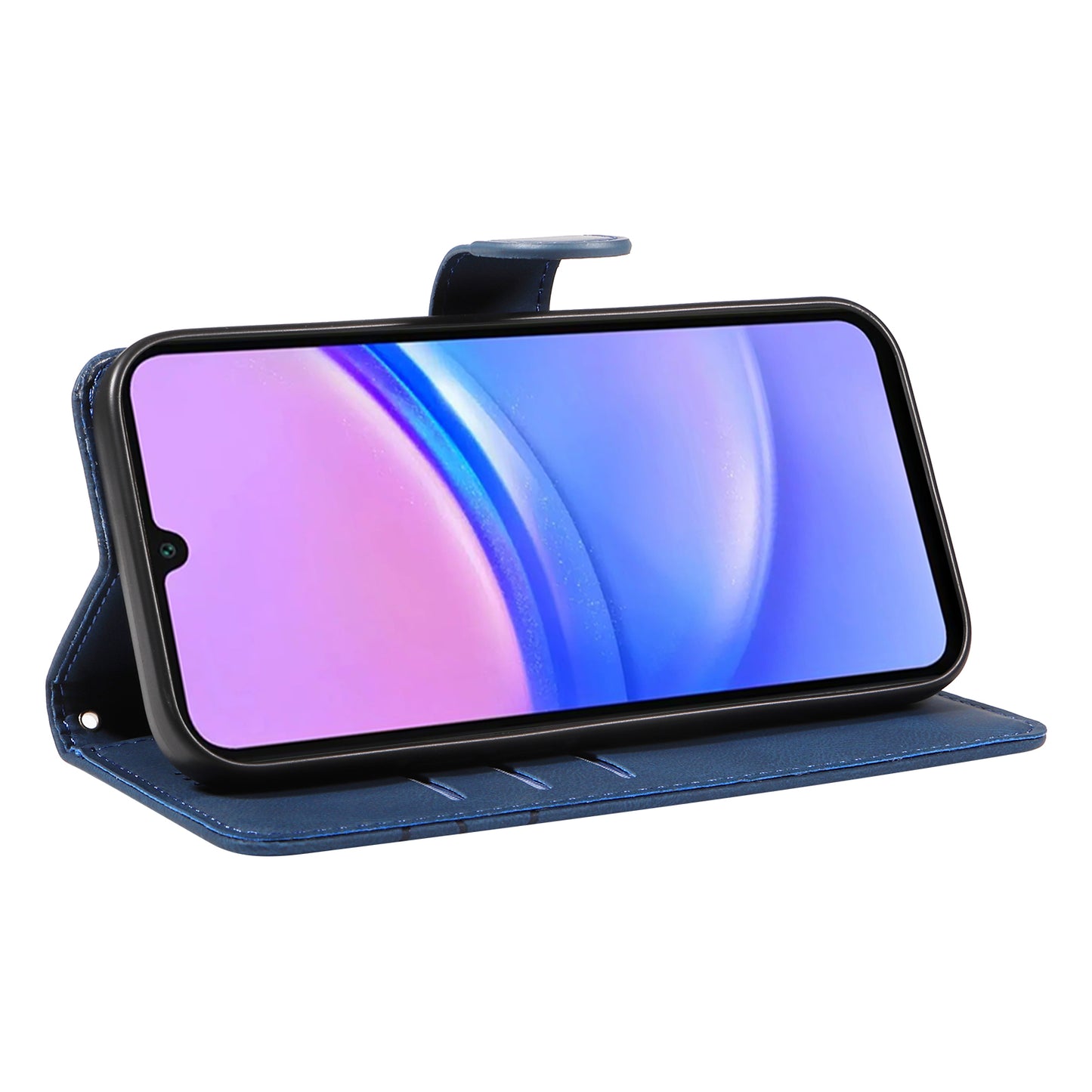 For Samsung Galaxy A16 5G / A16 4G Case Stand Wallet Leather Phone Cover Curved Line Wrist Strap - Blue