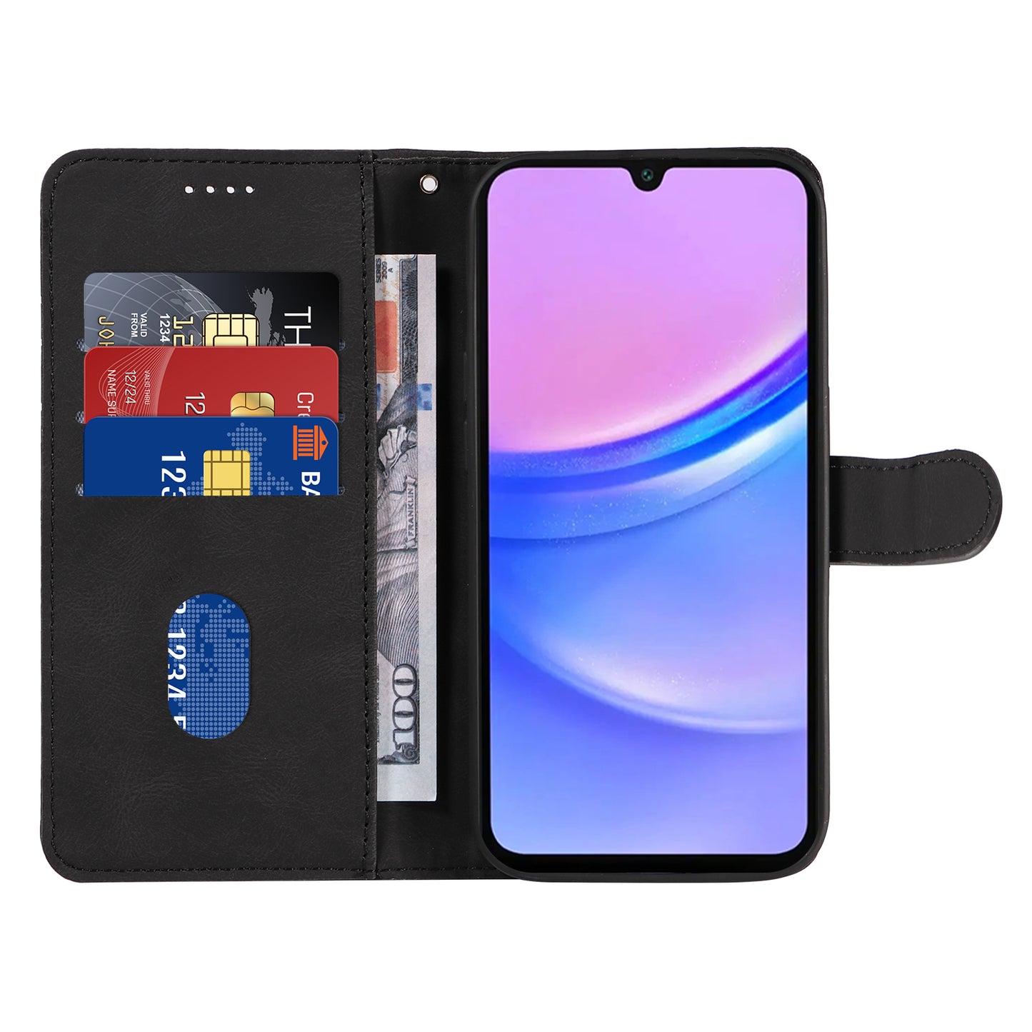 For Samsung Galaxy A16 5G / A16 4G Case Stand Wallet Leather Phone Cover Curved Line Wrist Strap - Black