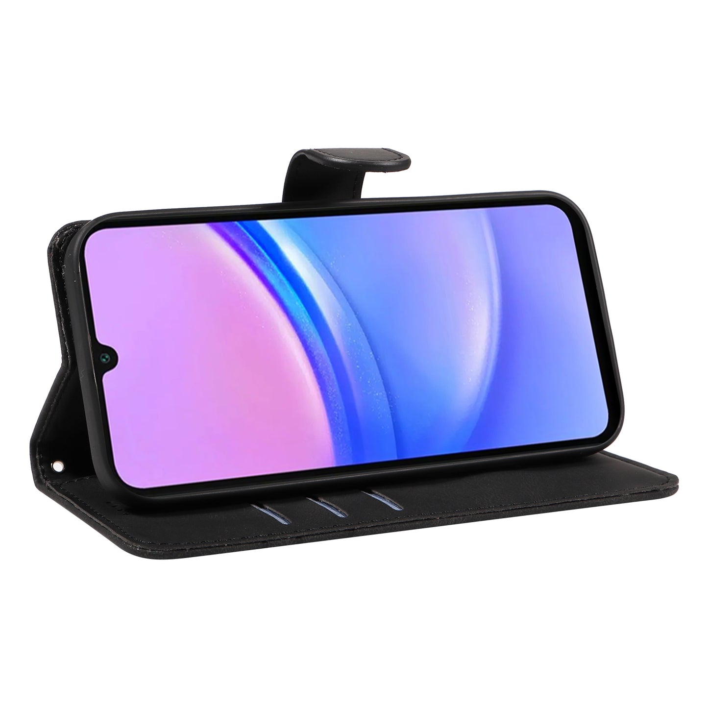 For Samsung Galaxy A16 5G / A16 4G Case Stand Wallet Leather Phone Cover Curved Line Wrist Strap - Black