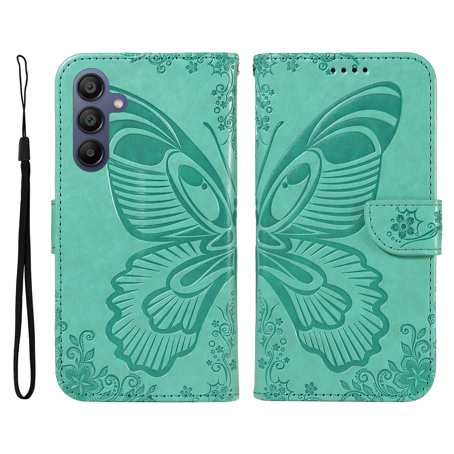 For Samsung Galaxy A16 5G / A16 4G Case Butterfly Pattern Leather Wallet Flip Phone Cover - Green