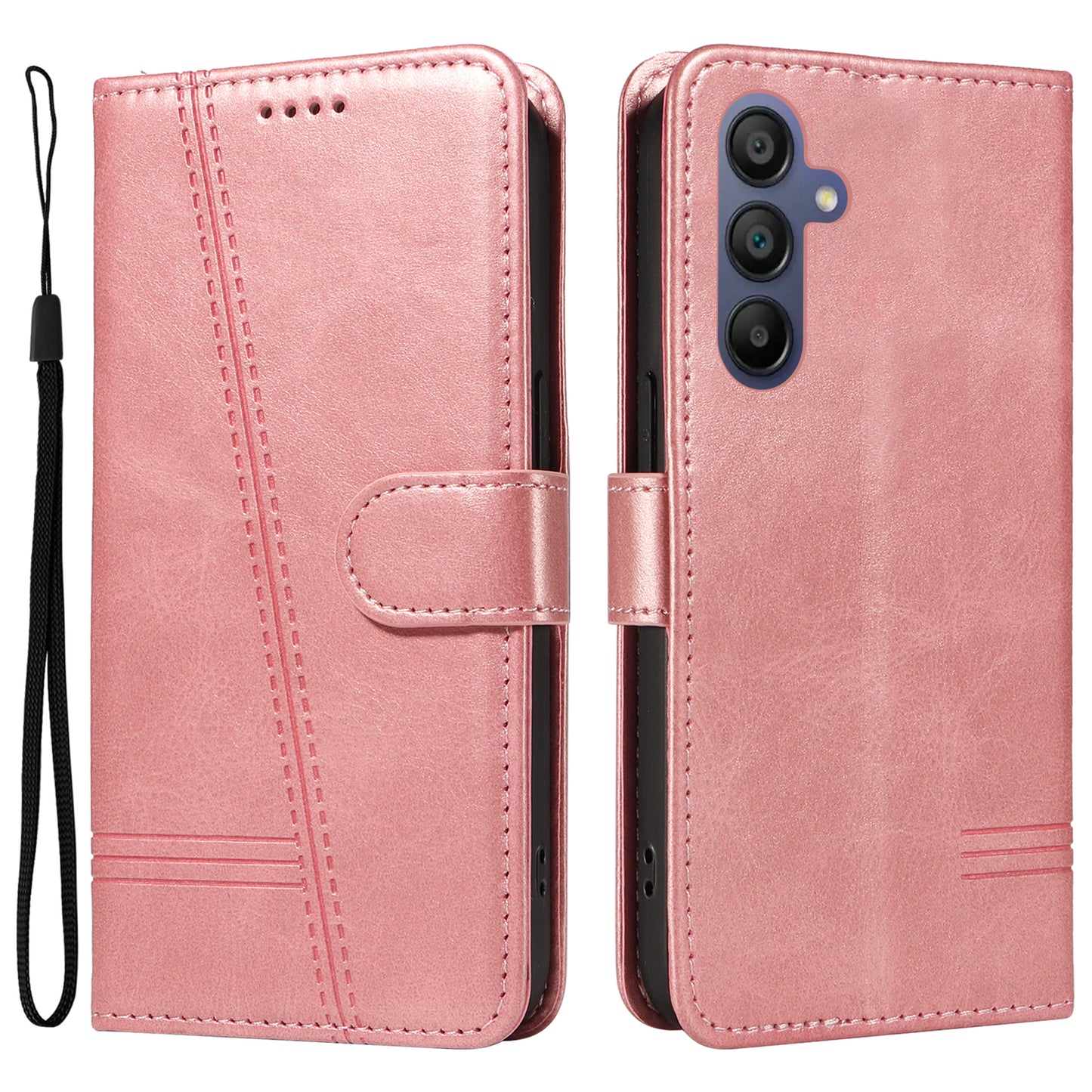 For Samsung Galaxy A16 5G / A16 4G Case Flip Wallet T-Shape Lines Leather Phone Cover - Rose Gold
