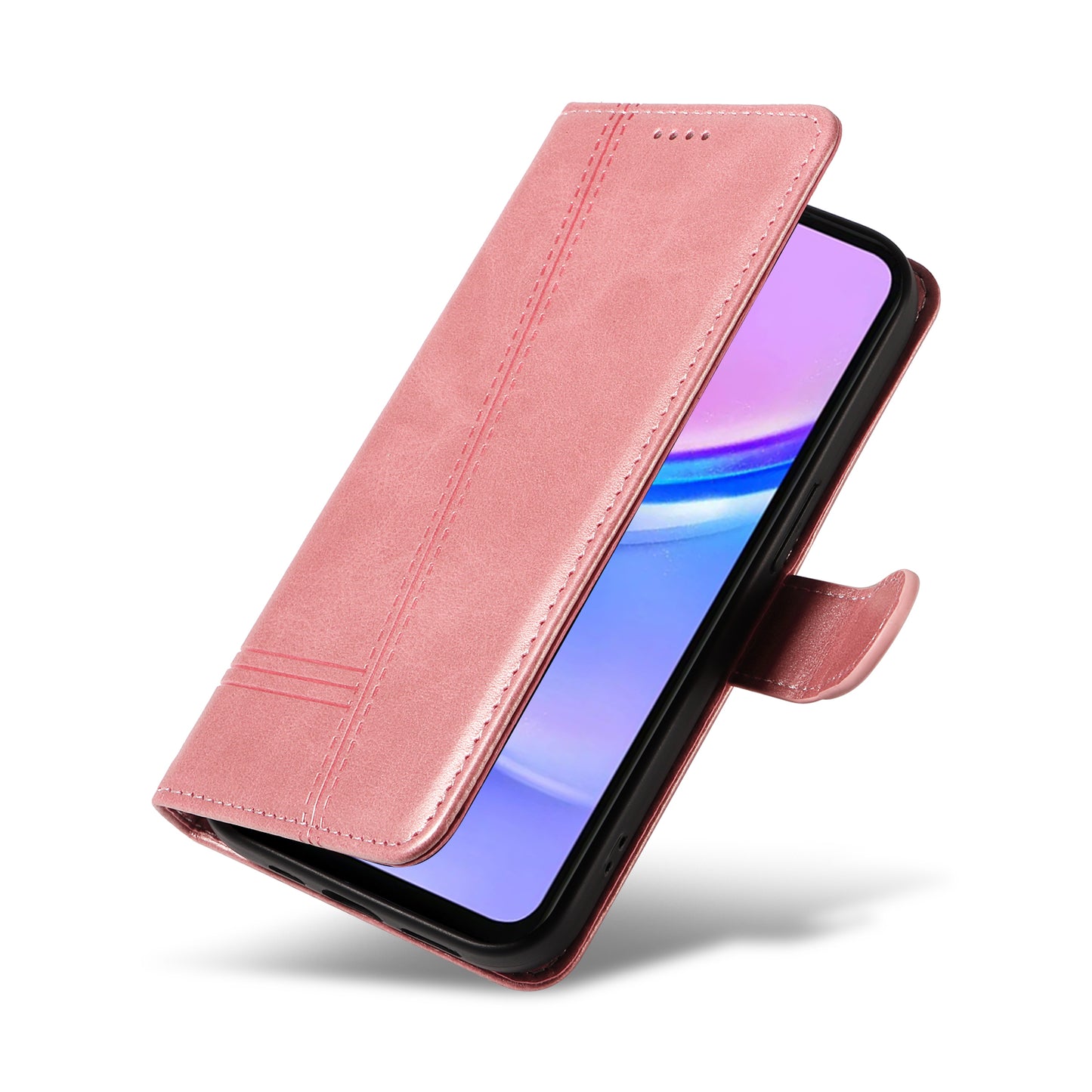 For Samsung Galaxy A16 5G / A16 4G Case Flip Wallet T-Shape Lines Leather Phone Cover - Rose Gold