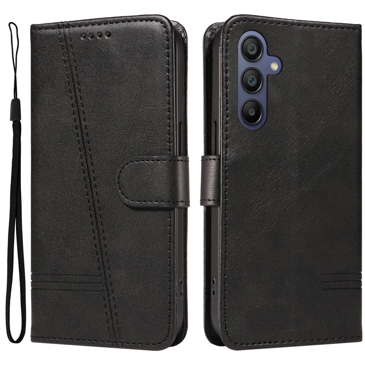 For Samsung Galaxy A16 5G / A16 4G Case Flip Wallet T-Shape Lines Leather Phone Cover - Black