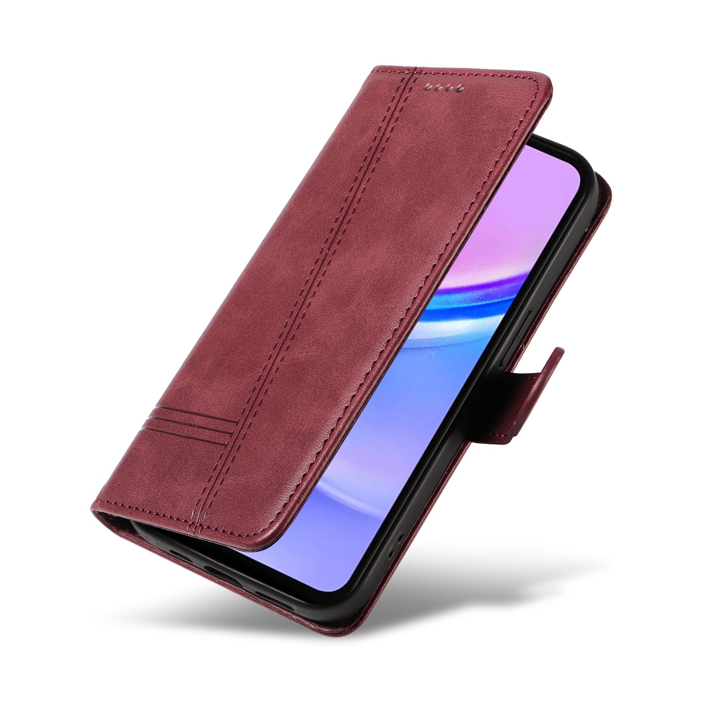 For Samsung Galaxy A16 5G / A16 4G Case Flip Wallet T-Shape Lines Leather Phone Cover - Wine Red