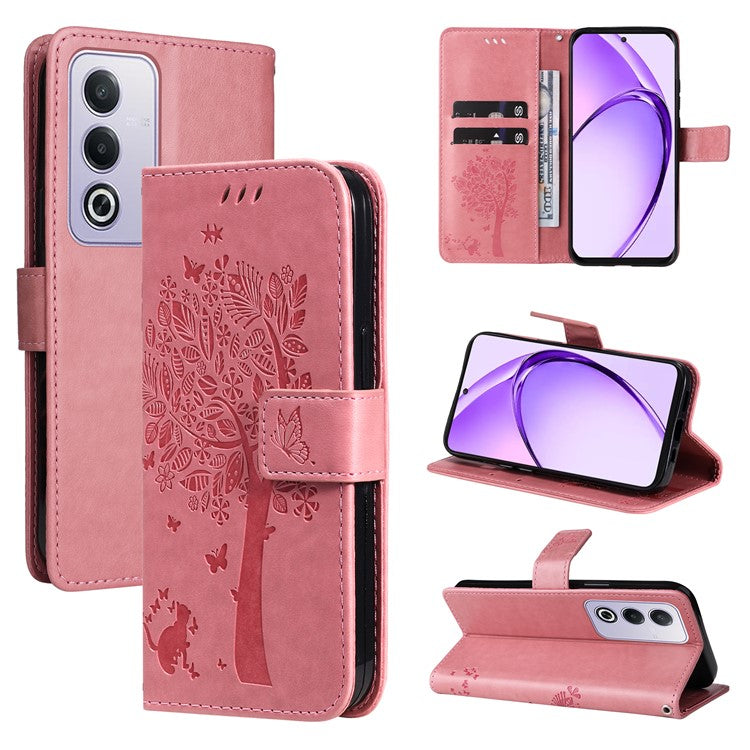KT Imprinting Flower Series-3 For Oppo A3 Pro (Global) 5G Case Cat Tree Pattern Flip Leather Phone Cover - Pink
