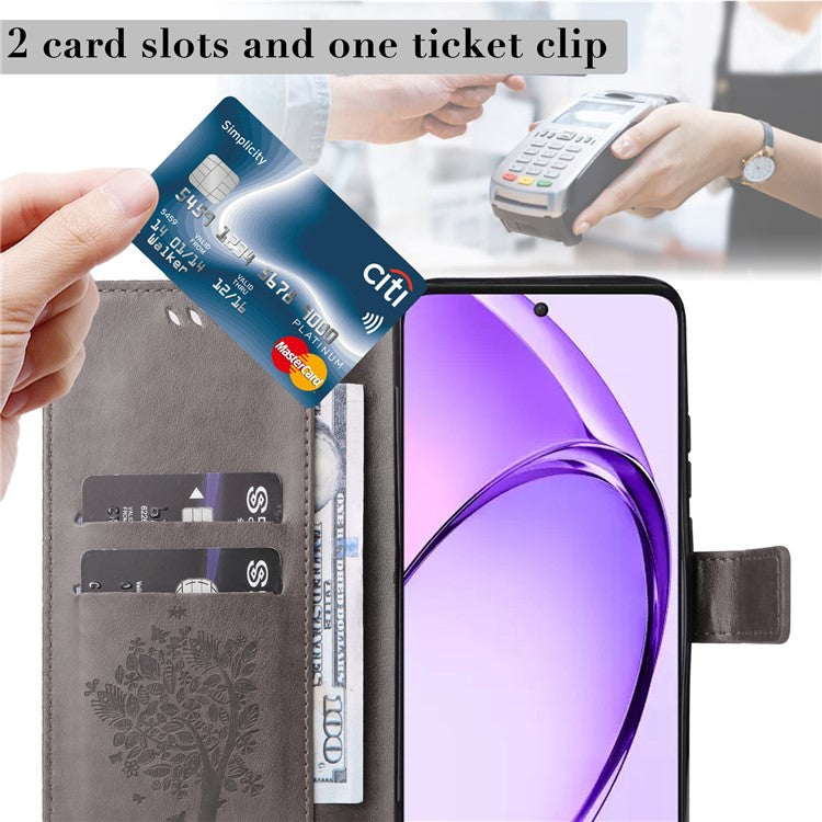 KT Imprinting Flower Series-3 For Oppo A3 Pro (Global) 5G Case Cat Tree Pattern Flip Leather Phone Cover - Grey