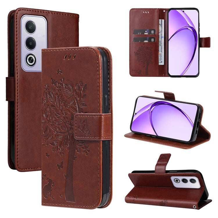 KT Imprinting Flower Series-3 For Oppo A3 Pro (Global) 5G Case Cat Tree Pattern Flip Leather Phone Cover - Coffee