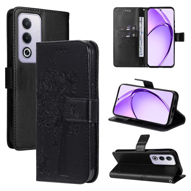 KT Imprinting Flower Series-3 For Oppo A3 Pro (Global) 5G Case Cat Tree Pattern Flip Leather Phone Cover - Black