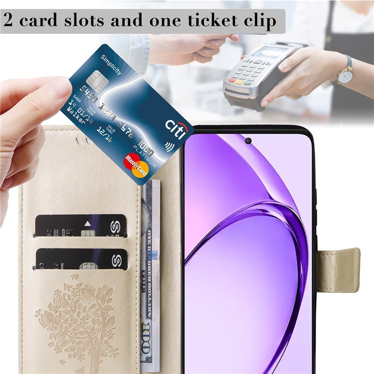 KT Imprinting Flower Series-3 For Oppo A3 Pro (Global) 5G Case Cat Tree Pattern Flip Leather Phone Cover - Gold