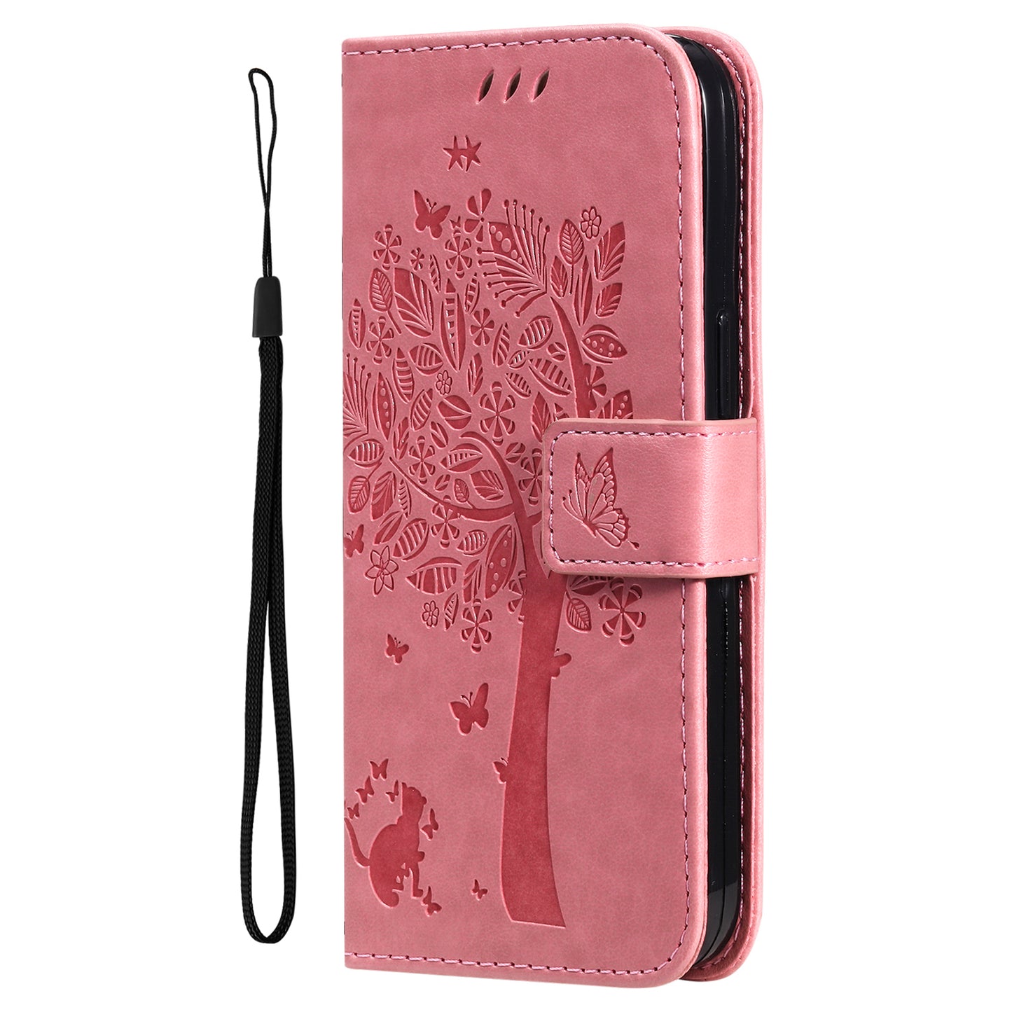 KT Imprinting Flower Series-3 For Samsung Galaxy A06 Case Cat Tree Pattern Flip Leather Phone Cover - Pink