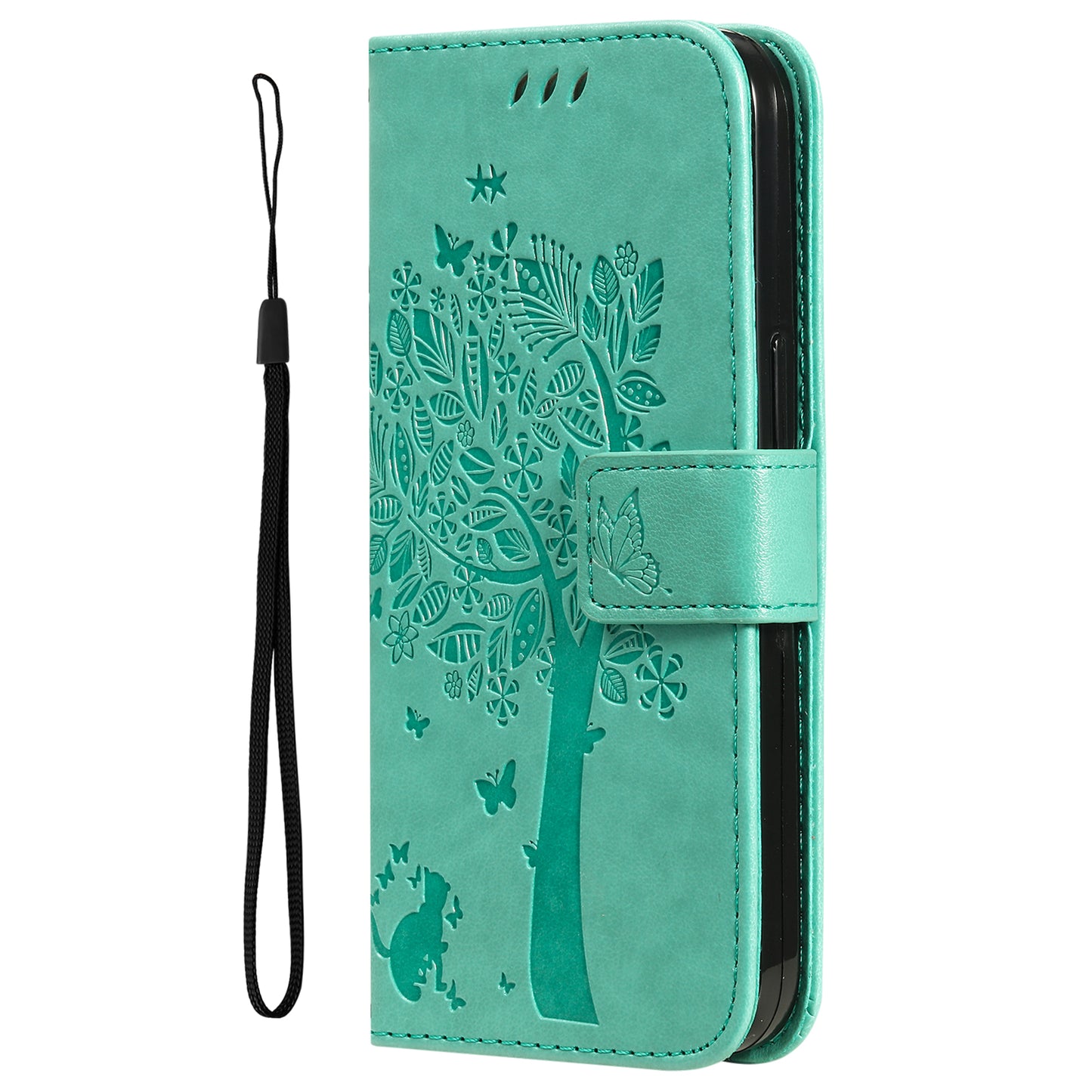 KT Imprinting Flower Series-3 For Samsung Galaxy A06 Case Cat Tree Pattern Flip Leather Phone Cover - Green
