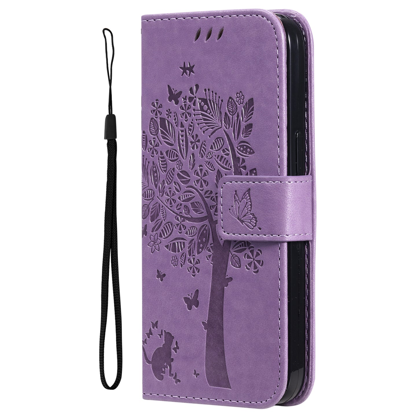 KT Imprinting Flower Series-3 For Samsung Galaxy A06 Case Cat Tree Pattern Flip Leather Phone Cover - Light Purple