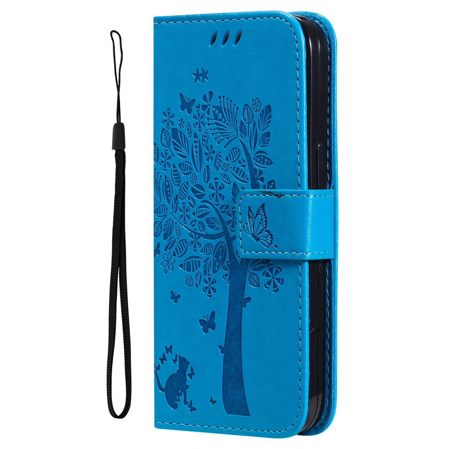 KT Imprinting Flower Series-3 For Samsung Galaxy A06 Case Cat Tree Pattern Flip Leather Phone Cover - Blue