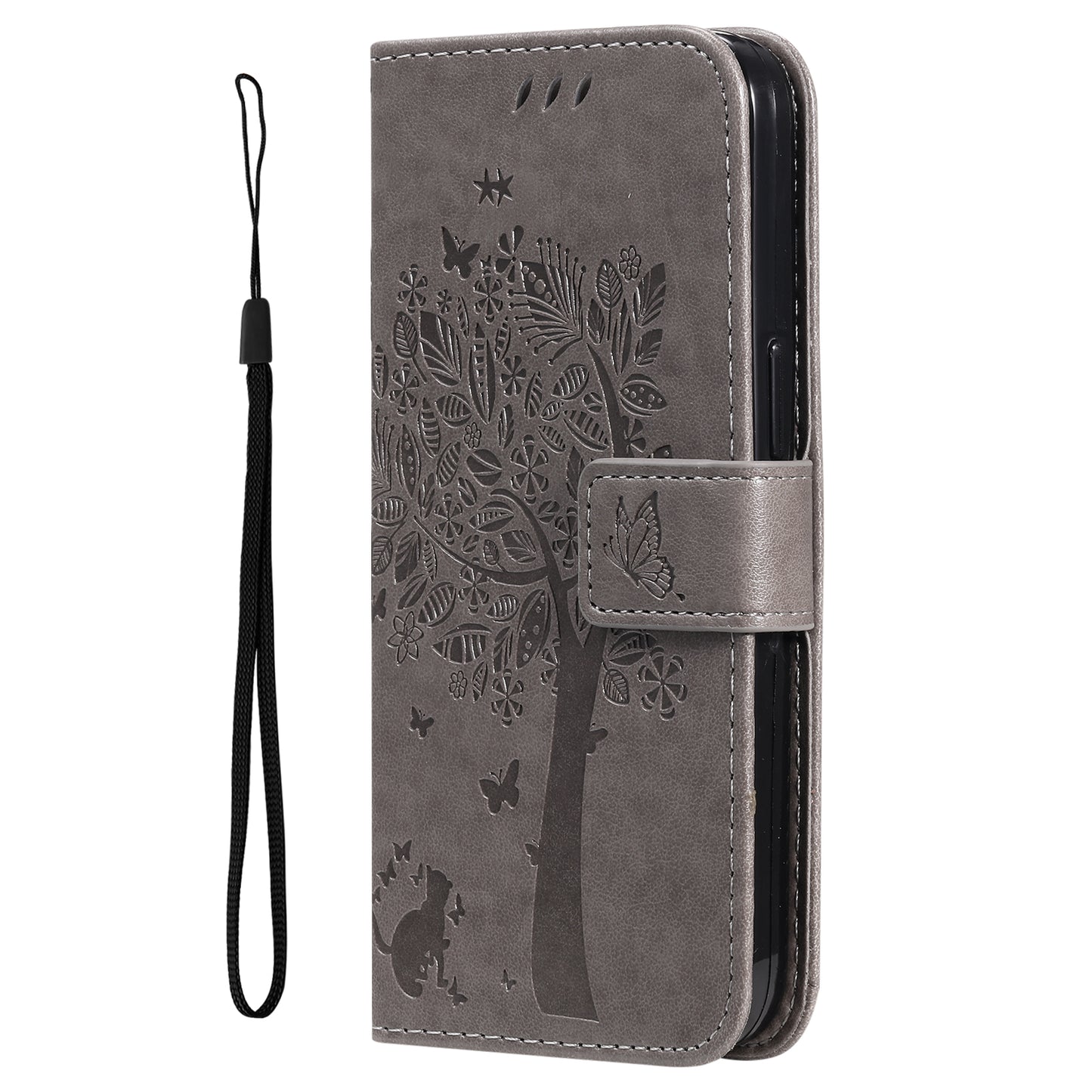 KT Imprinting Flower Series-3 For Samsung Galaxy A06 Case Cat Tree Pattern Flip Leather Phone Cover - Grey
