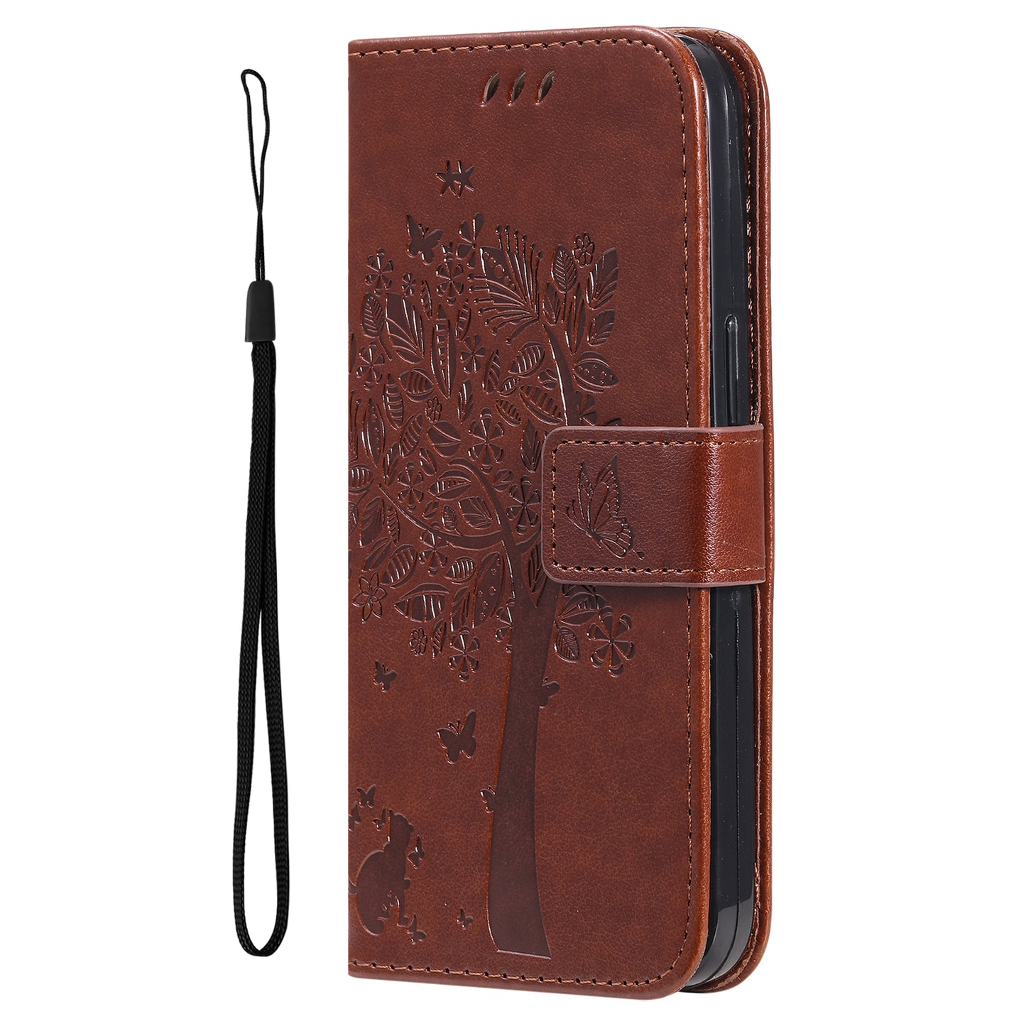 KT Imprinting Flower Series-3 For Samsung Galaxy A06 Case Cat Tree Pattern Flip Leather Phone Cover - Coffee