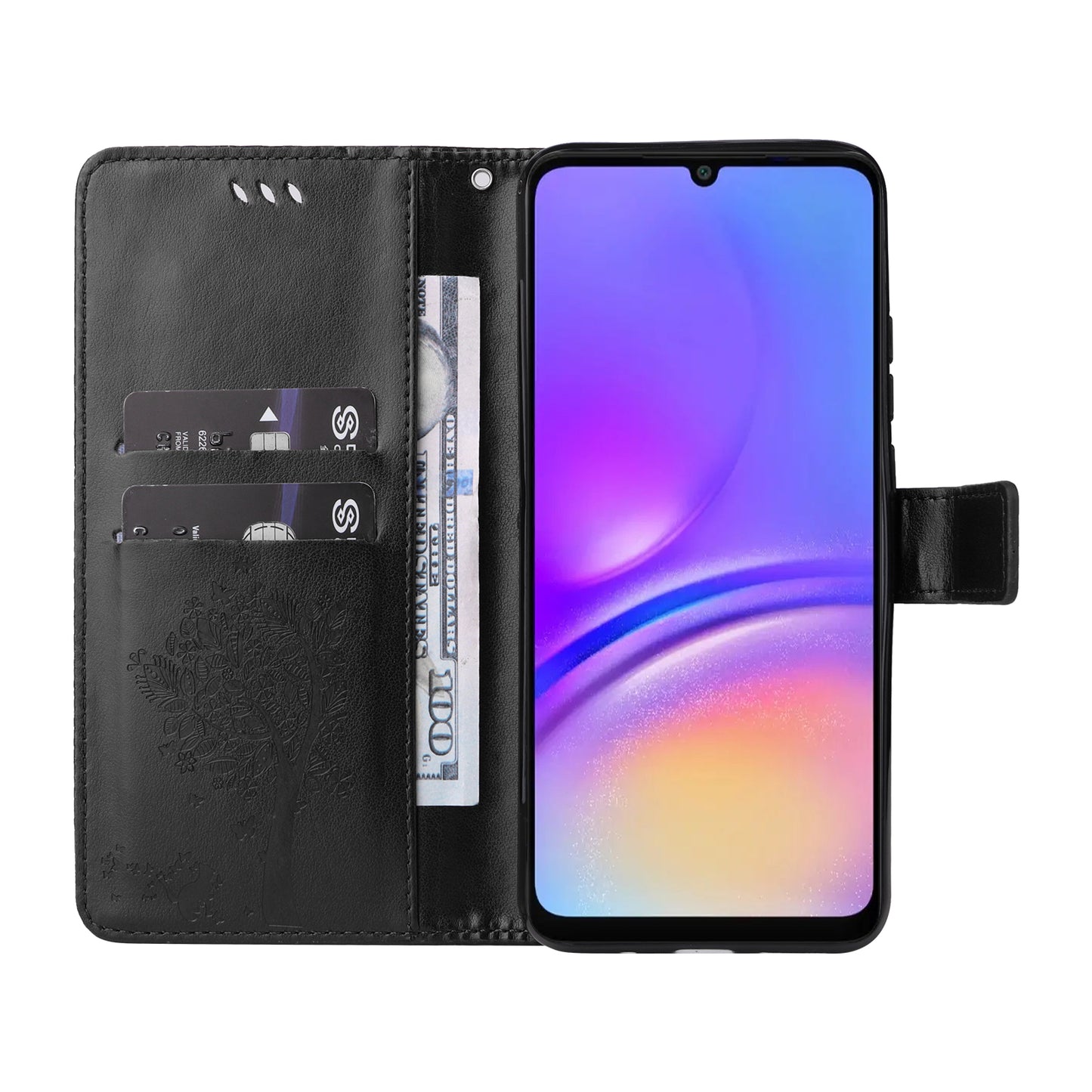 KT Imprinting Flower Series-3 For Samsung Galaxy A06 Case Cat Tree Pattern Flip Leather Phone Cover - Black