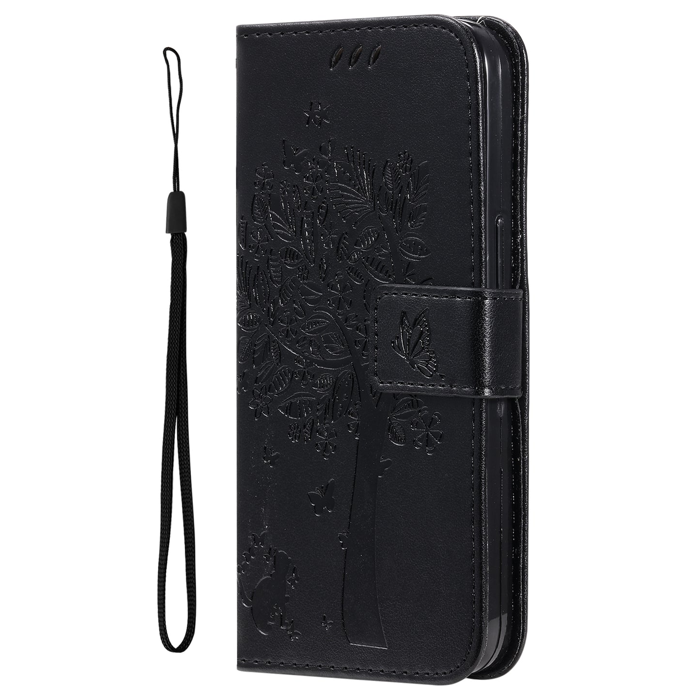 KT Imprinting Flower Series-3 For Samsung Galaxy A06 Case Cat Tree Pattern Flip Leather Phone Cover - Black