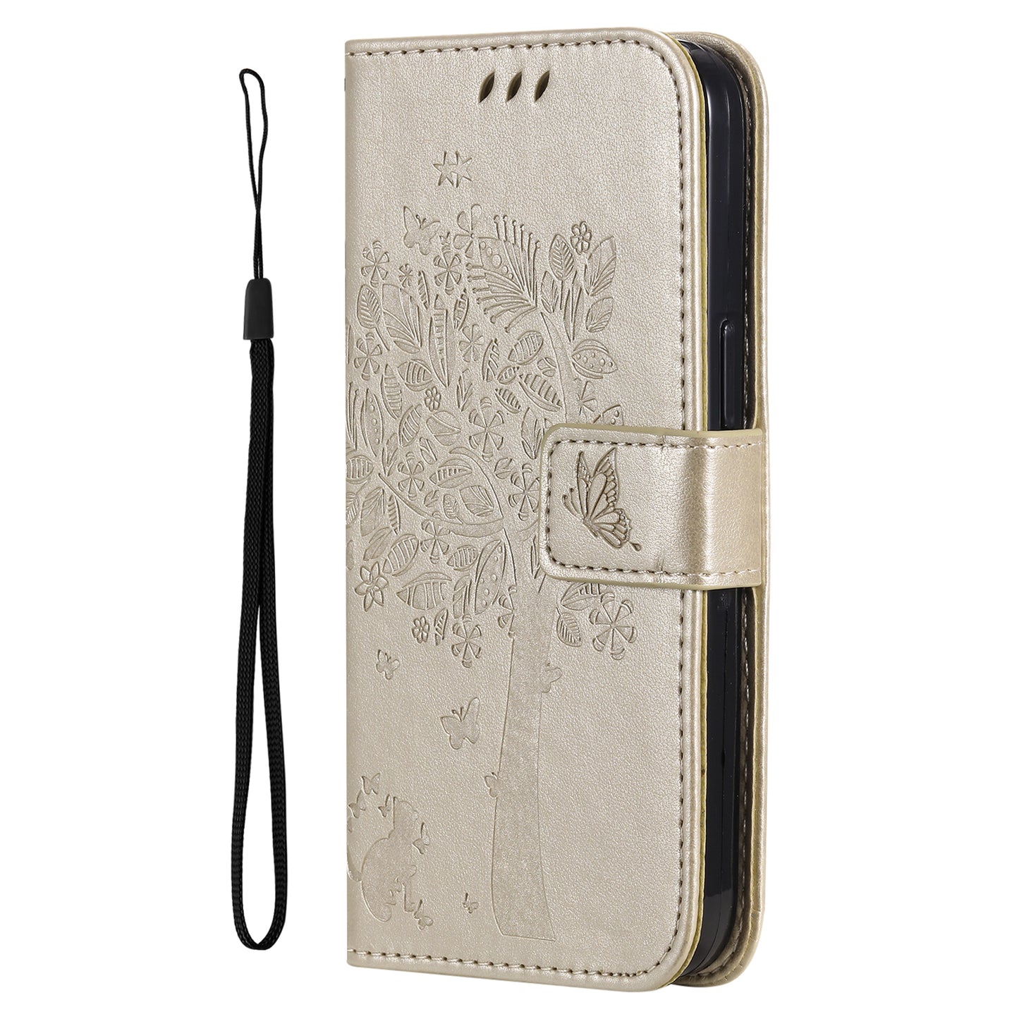 KT Imprinting Flower Series-3 For Samsung Galaxy A06 Case Cat Tree Pattern Flip Leather Phone Cover - Gold