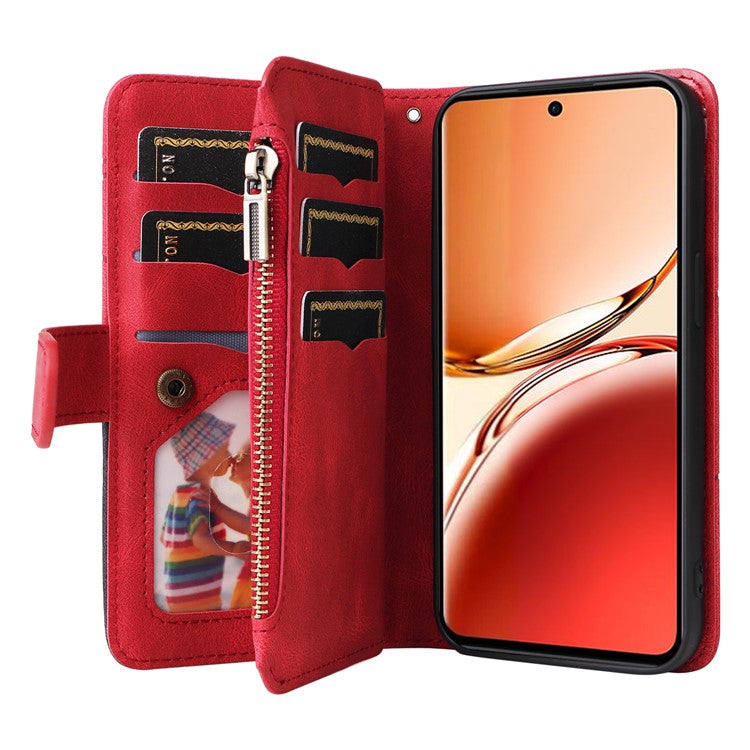 KT Multi-Function Series-5 For Oppo Reno12 F 5G Case Zipper Wallet Leather Phone Cover Stand - Red
