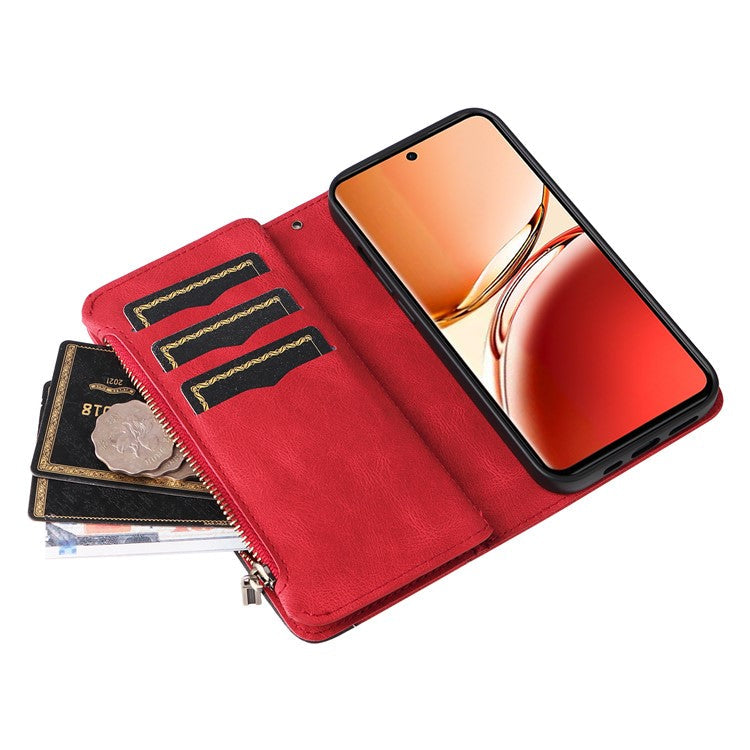 KT Multi-Function Series-5 For Oppo Reno12 F 5G Case Zipper Wallet Leather Phone Cover Stand - Red