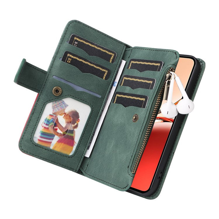 KT Multi-Function Series-5 For Oppo Reno12 F 5G Case Zipper Wallet Leather Phone Cover Stand - Green