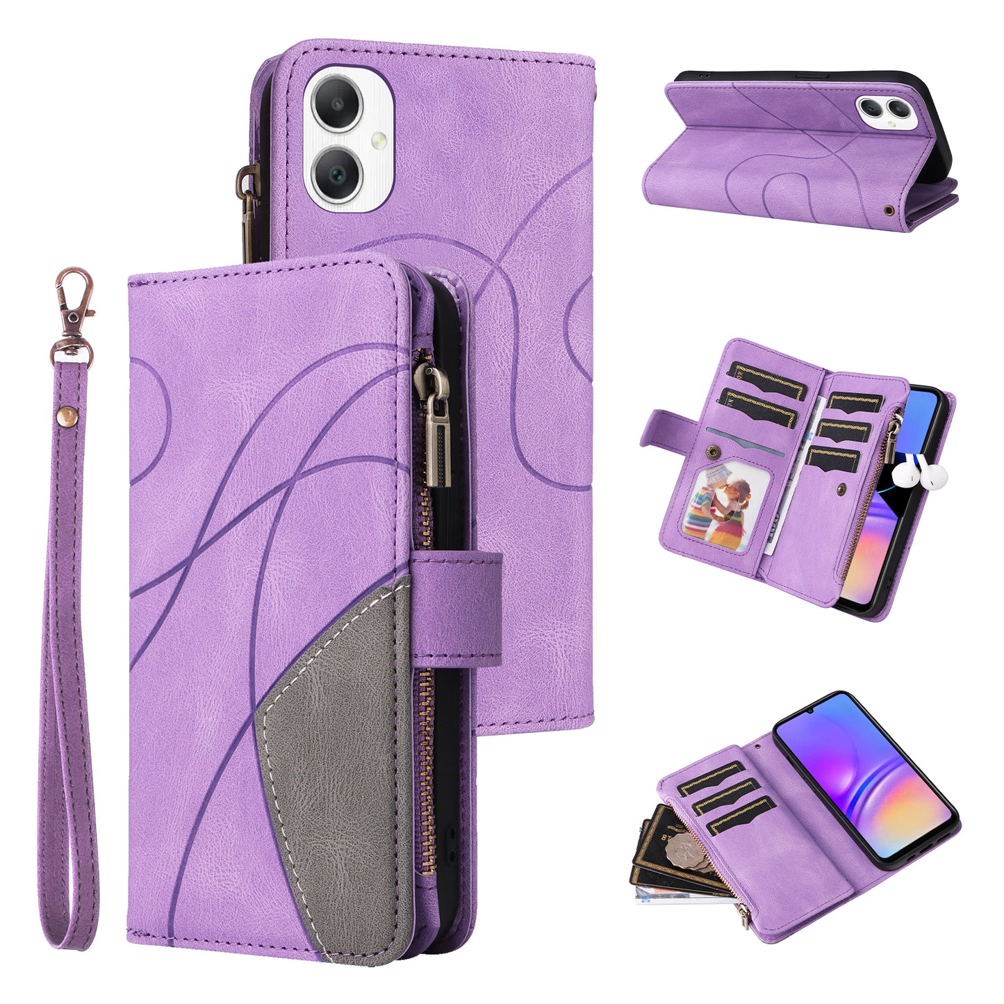 KT Multi-Function Series-5 For Samsung Galaxy A06 Case Zipper Wallet Leather Phone Cover Stand - Purple