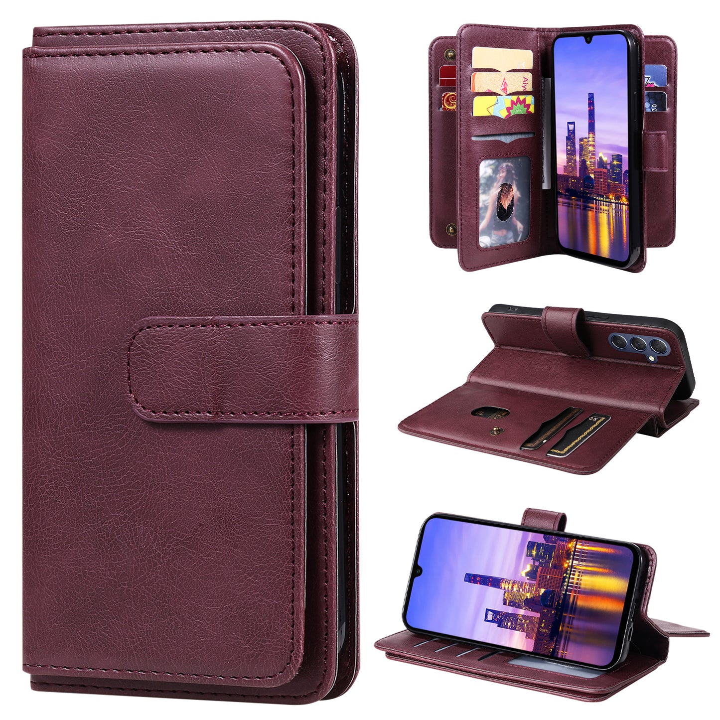 KT Multi-Functional Series-1 For Samsung Galaxy A16 5G / A16 4G Case 10 Card Holder Leather Phone Cover Stand - Wine Red
