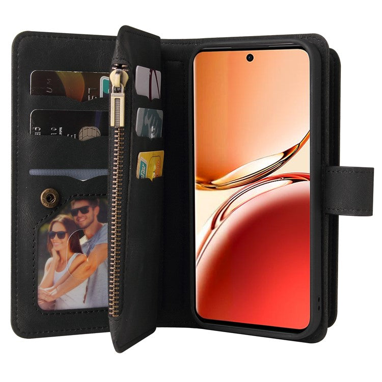 KT Multi-Functional Series-2 For Oppo Reno12 F 5G Phone Case Zipper Wallet Leather Stand Cover - Black