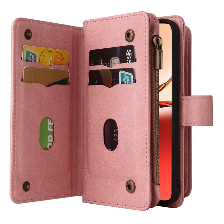KT Multi-Functional Series-2 For Oppo Reno12 F 5G Phone Case Zipper Wallet Leather Stand Cover - Pink