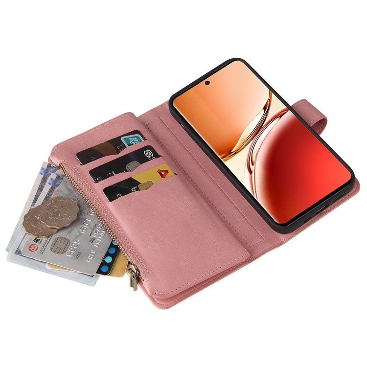 KT Multi-Functional Series-2 For Oppo Reno12 F 5G Phone Case Zipper Wallet Leather Stand Cover - Pink