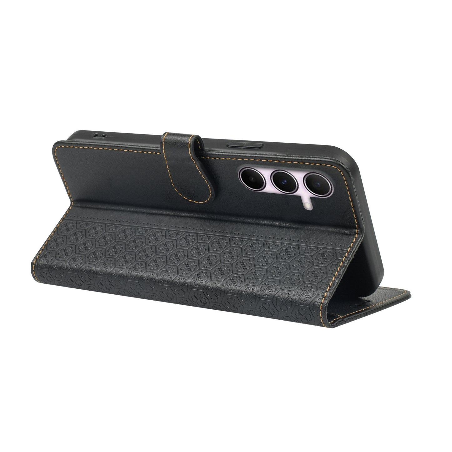 For Samsung Galaxy A16 5G / A16 4G Case Magnetic Clasp Four-Leaf Clover Leather Phone Cover - Black