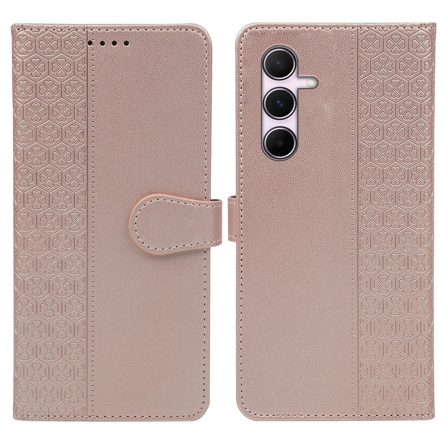 For Samsung Galaxy A16 5G / A16 4G Case Magnetic Clasp Four-Leaf Clover Leather Phone Cover - Rose Gold