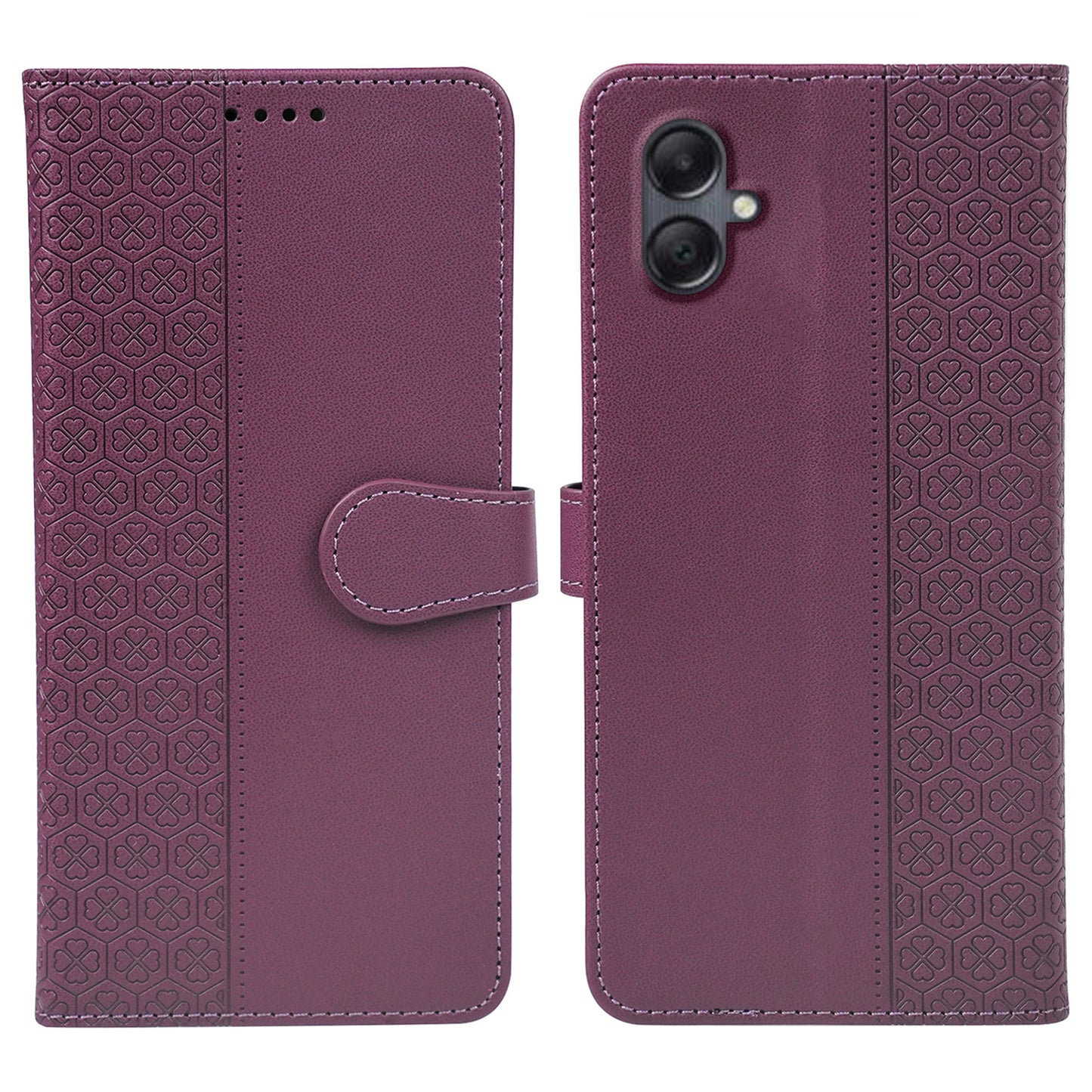 For Samsung Galaxy A06 Case Magnetic Clasp Four-Leaf Clover Leather Phone Cover - Dark Purple